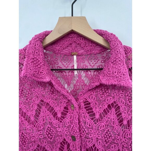 FREE PEOPLE OPEN KNIT CROCHET BUTTON FRONT SWEATER COLLAR SIZE XL - Picture 4 of 5